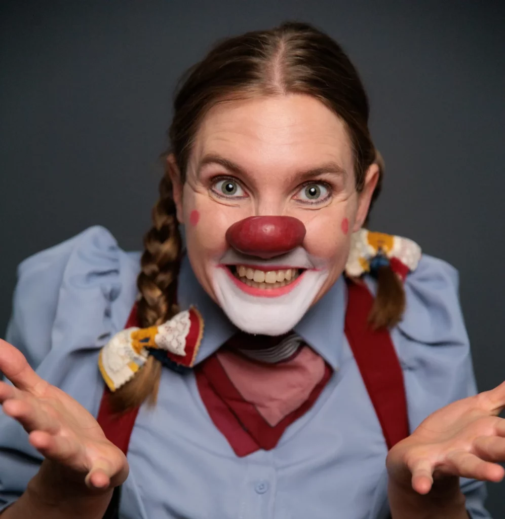Actress Pamela Pilawa in Multicultural Clown Costume showcasing her family friendly multilingual theatre shows in Sydney