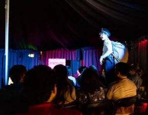 Photo of Sydney based actress Pamela Pilawa performing a family friendly theatre multilingual show